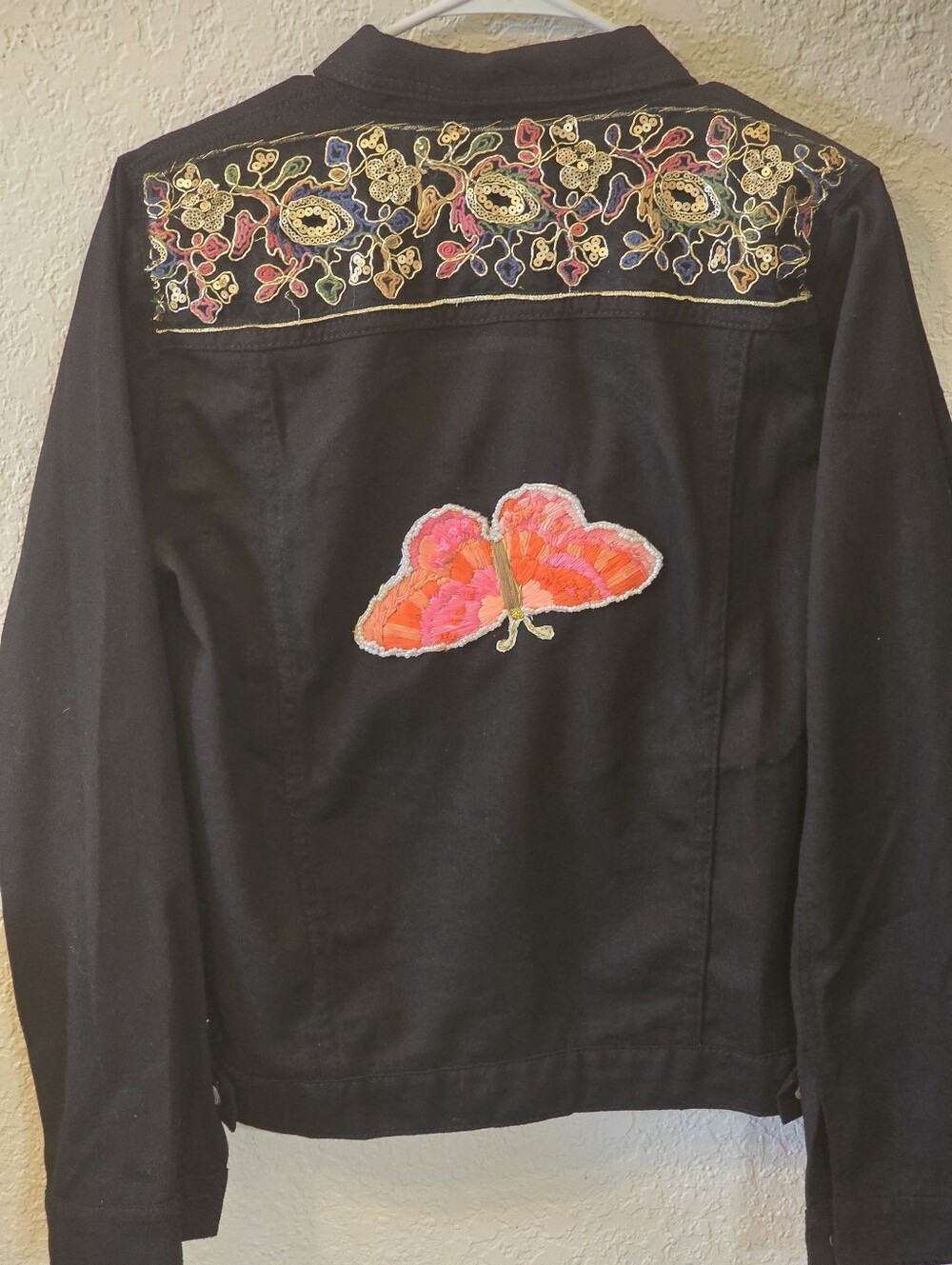 Black Embroidered Butterfly Denim Jacket - Women's